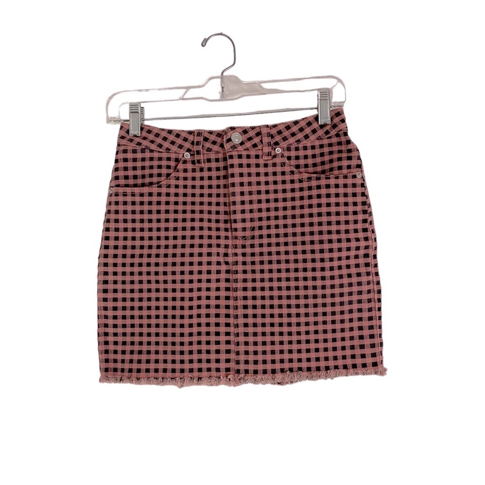 Forever 21 Pink & Black Checkered Mini Skirt S Y2K 2016 Vibe Plaid Raw Hem Denim - Picture 4 of 11